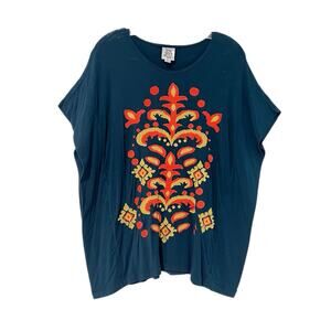 Ivy Jane Embroidered Poncho Blouse Size S Blue Relaxed Aztec Bohemian